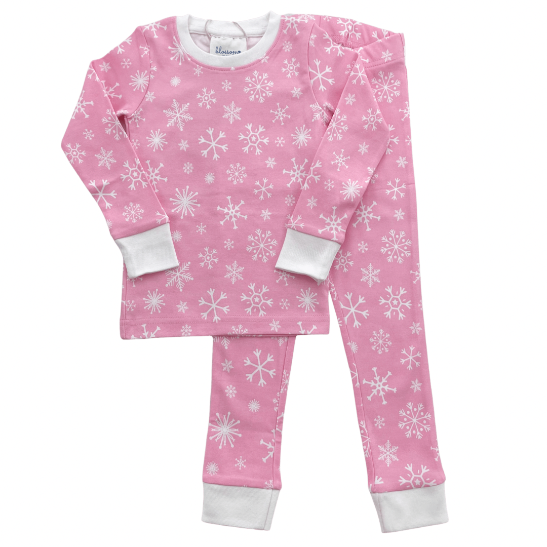 Girls Pink Free To Be Me Glitter Snowflakes Pajamas Fuzzy Sleep Set XS 4-5  