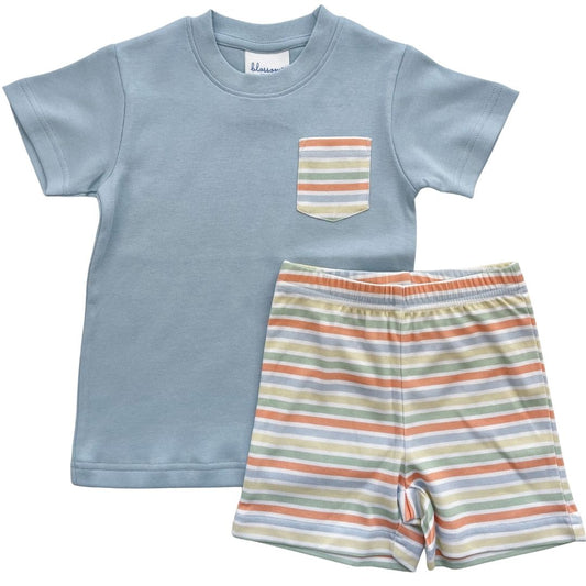 Boys SS PocketTee/Short Set - Multi Stripe Blue