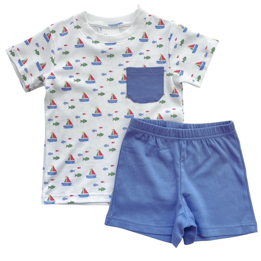 Boys SS PocketTee/Short Set - Sailing Fish Tails Primary