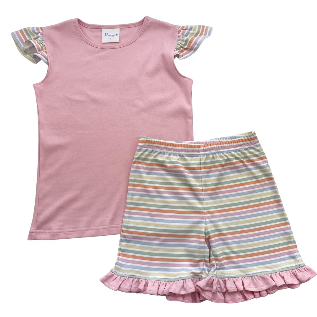 Girls Angel Sleeve/Ruffle Short Set - Multi Stripe Pink