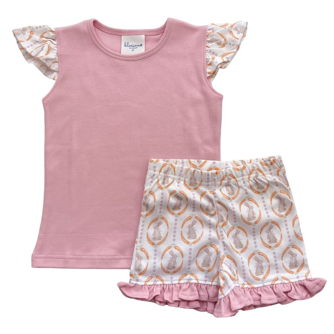 Girls Angel Sleeve/Ruffle Short Set - Some Bunny Loves You Pink