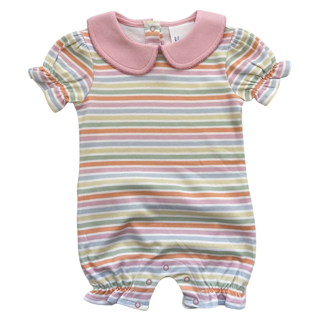 Girls SS Peter Pan Ruffle Romper - Multi Stripe Pink