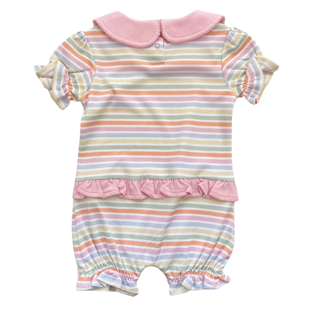 Girls SS Peter Pan Ruffle Romper - Multi Stripe Pink